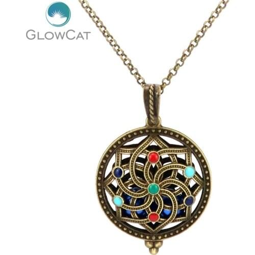 K1083 Vintage Bronze Magnet Flower Enamel Beads Cage Pendant Locket Aroma Essential Oil Diffuser Locket Necklace
