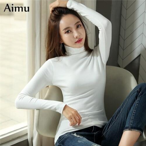 Fashion spring Women T-shirts harajuku Turtleneck solid Full Sleeve base Top t-shirt autumn casual slim Bottoming t shirt female