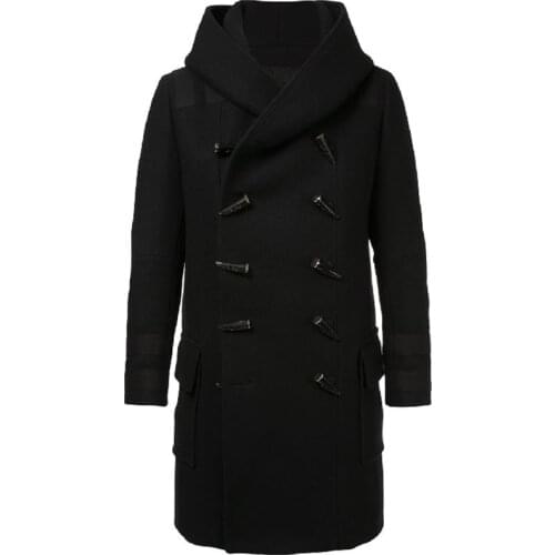 Mens woolen coat, hood, horns, British style, mid-length, classic, literature and art