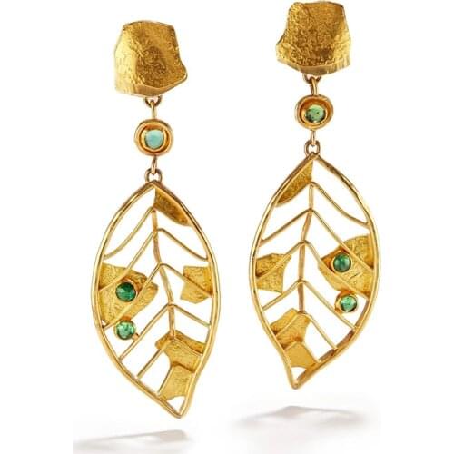 New Luxury Hollow Golden Leaf Earrings Trendy Flakes Metal Green Blue Beads Crystal Wedding Earrings Charms Jewelry