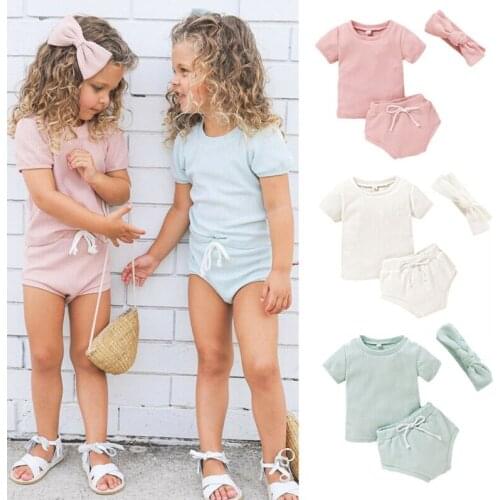 Newborn Toddler Baby Girl Clothes Short Sleeve Pullover Top T-shirt Drawstring Shorts Headband Outfit 3PCS Suit