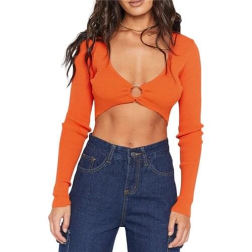 Xingqing Women Pullovers Knit Crop Tops Sexy Long Sleeve Ribbed Jumper Slim Casual Streetwear Japanese Korean Backless T Shirt