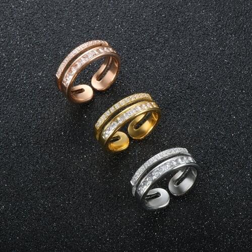 Luxury CNC Zircon Rings For Women Men Simple Square Rhinestone Gold-plated Crystal Stainless Steel Elegant Couple Finger Jewelry