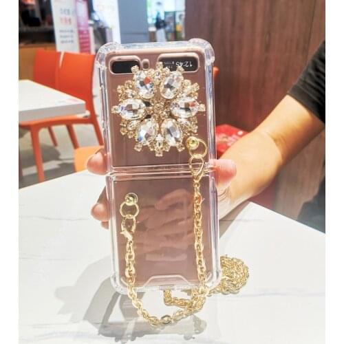 Luxury Glitter Rhinestone Stand Holder Phone Case Cover For Samsung Galaxy Z Flip 5G Bling Shockproof Case With Long Metal Chain