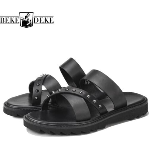 Summer Fashion Genuine Leather Beach Sandals Men Antiskid Breathable Platform Rivet Slippers Brand Male Casual Shoes Flip Flops