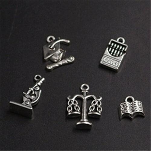 Mixed batch 5pcs Silver Color graduation diploma microscope Bachelor hat crayon Balance frame charm DIY jewelry alloy pendant