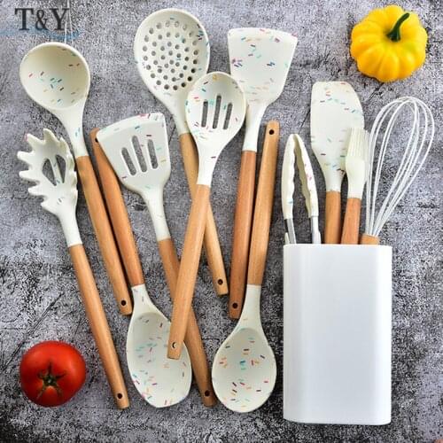 T&Y 12/13pcs New Colorful Non-Stick Silicone Utensil Cooking Set with Wood Handle, Spatula Turner Scraper Tools Kitchen Cookware