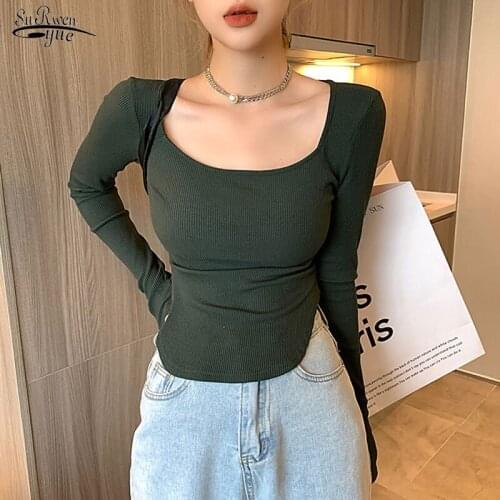 Womens Square Collar Knitted Bottoming Shirt Womens Long Sleeve Solid Top Elegant Blouse Autumn/Winter 2021 Slim T-shirt 16199