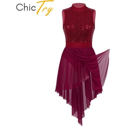 ChicTry Halter Sleeveless Shiny Sequins Adult Gymnastics Leotard Women Tutu Ballet Bodysuit Skating Dress Lyrical Dance Costumes