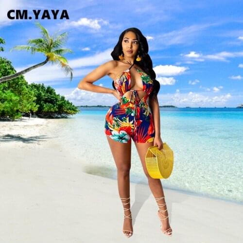 CM.YAYA Women Playsuit Print Halter Hollow Out Bandage Strechy Playsuits Sexy Swimsuit Fashion Beachwear Rompers Overall Summer