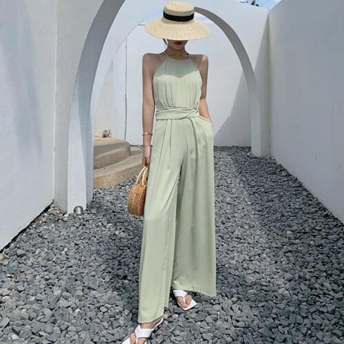 Fashion Summer Casual Vintage Beach Holiday Long Jumpsuits Women OL Elegant Streetwear Sleeveless Sashes Loose Wide Leg Rompers