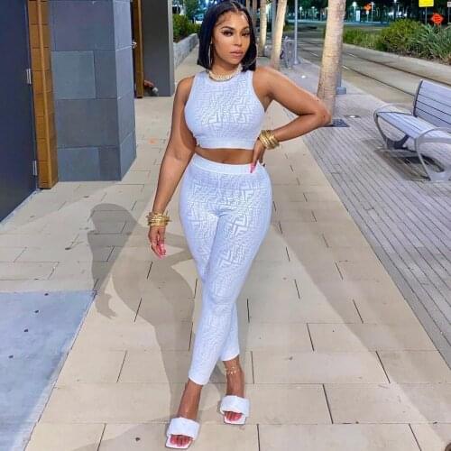 2021 Summer Ladies Casual Fashion Street Sexy Slim Solid Color Printed Sports Vest Pants Two-Piece Set