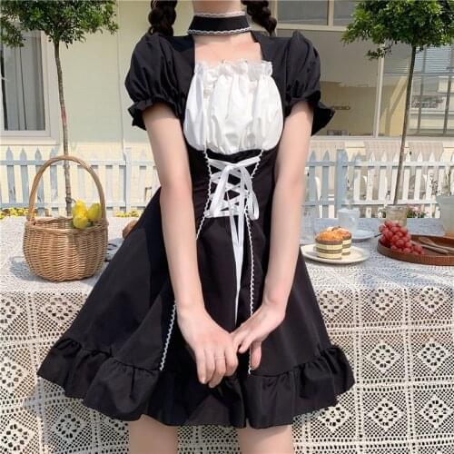 Pure Desire Style Japanese Style Sweet Lolita dress Puff Sleeve Lace-up Waist-Controlled Short Sleeve Dress for Women Summer