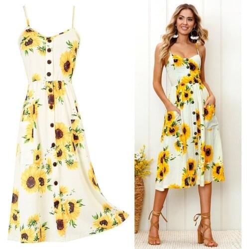 Women Dress Print Sexy Holiday Beach Strap Dress Lady Sunflower Pluse Size V Neck White Dress Female Fashion Summer Vestido New