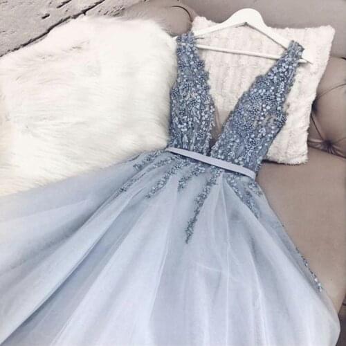 ANGELSBRIDEP Sky-Blue Evening Party Dresses Vestidos de festa Junior Sexy Deep V-Neck Applique Tulle Formal Prom Pageant Dresses