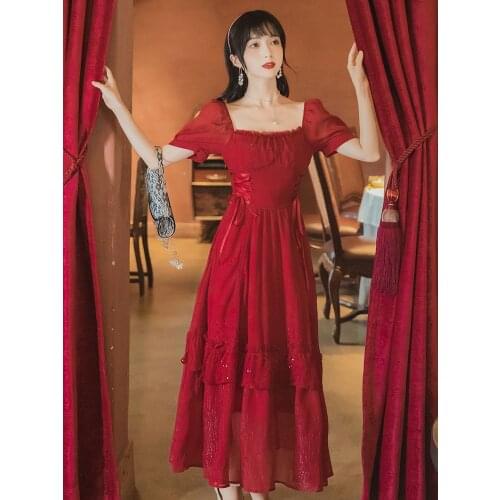 Robe Femme Square Collar French Elegant Summer Puff Sleeve Retro Thin Red Party Elegant Dresses Palace Style Vintage Maxi Dress