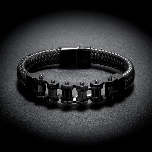 2021 Punk Style Gold Stainless Steel Motorcycle Bike Chain Genuine Leather Bracelet Wide Leather Hand Bracelets Jewelry Gift