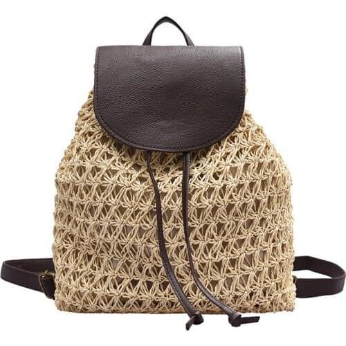 2021 Women Backpack Drawstring Female Fashion Summer Beach Hollow Lady Weave Pack Bag Large Capacity Travel Shoulder Tote