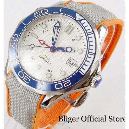BLIGER White 41mm Men Watch GMT Automatic Movement Rubber Band Rotating Bezel Stainless Steel Case