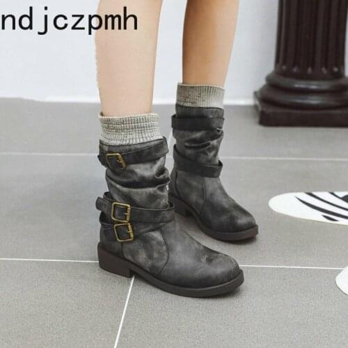 Martin Boots Autumn and Winter New Fashion Round Head Color Matching Thick Heel Low-heeled Middle Tube Womens Shoes Size 34-43