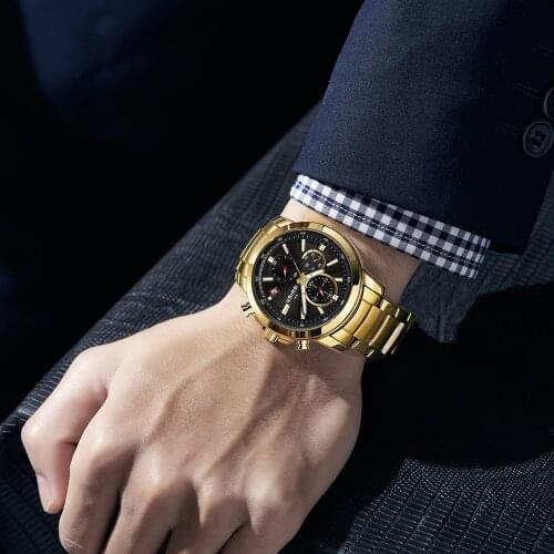 SWISH Mens Golden Chronograph Wristwatch Top Brand Luxury Stainless Steel Sports Quartz Clock with Date Relogio Masculino 2021