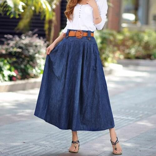 Free Shipping 2019 New Fashion Long Maxi Plus Size S-6XL A-line Denim Skirts Elastic Waist Summer And Autumn Skirt With Belt