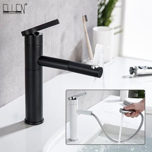 ELLEN Black Basin Hot Cold Mixer Tap 360 Degree Rotate Bath Basin Faucet Bathroom Sink Faucets Pull Out Faucets Crane ELF11077S