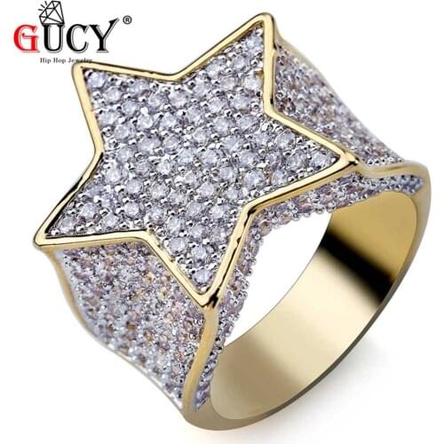 GUCY Hip Hop Gold Color Plated Star Ring All Iced Out Micro Pave CZ Stones Rings Charm For Men Women Bling Party Jewelry Gift
