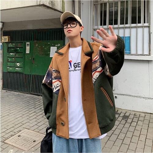 Korean Fashions Vintage Jackets and Coats Men Harajuku Plaid Wool Winter Coat 2021 Mens Streetwear Patchwork Overcoat
