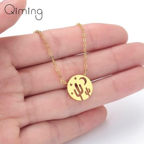 Tiny Cactus Crescent Moon Star Necklace Women Vintage Statement Classic Design Dropshipping Girls Necklaces Pendants Gift