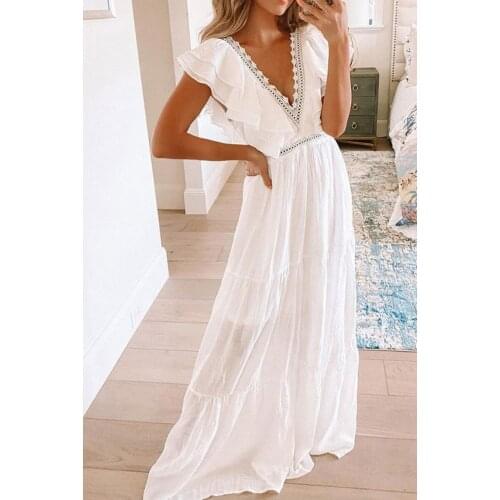 Summer Boho Beach Long Dress White Casual Elegant Sexy V-Neck High Waist Women Party Dress Ruffles Sleeve Plus Size