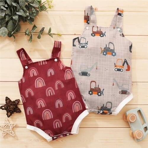 Cute Summer Newborn Baby’s Casual Suspender Jumpsuits Fresh Rainbow Cars Printed Triangle Romper Toddler Girls Boys Clothes