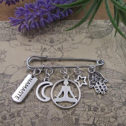 Namasta yoga peace moon star hand charm brooch silver plated charm brooch gift birthday