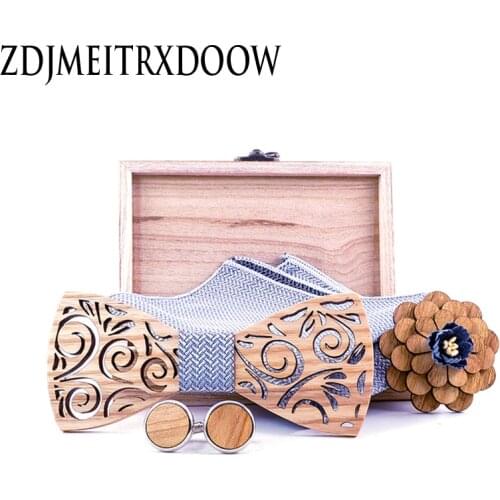 New 2020 White Wedding Bowtie Noeud Papillon Wooden Bow tie Pajaritas Cravat Bowties Female Male Brooch Cufflinks Tie set