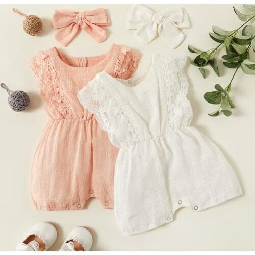 Baby Girl Solid Cotton Romper with Headband