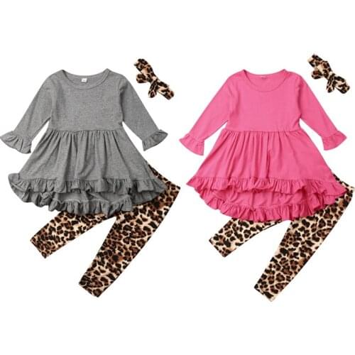 1-5Y Toddler Kids Baby Girl Clothes Sets Solid Long Sleeve T-shirt Top Leopard Pants Headband Outfit Tracksuit Set