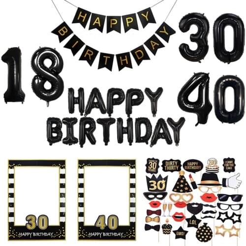 18 30 40 50 60th Birthday Party Photo Props Black Gold Photo Booth Props Adult Happy Birthday Balloons Party Decor Supplies
