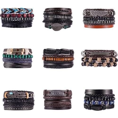 Retro Metal Leather Bracelets Sets Men Jewelry Vintage Handmade Leaf Feather Charm Bracelet Bangles Homme Male Jewelry Gifts
