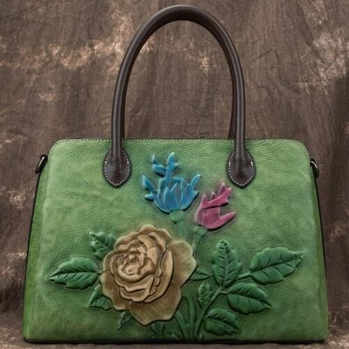 Handmade Retro Floral Genuine Leather Luxury Handbag Women Tote Bag 2021 New Soft Cowhide Embossing Large Capacity Shoulder Bags