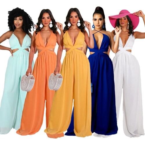 Chiffon Wide Leg Sexy Summer beach Jumpsuit cover ups Women Overalls Backless Rompers Womens Jumpsuit Female Long Pants