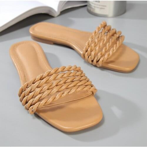 Women Slip On Slippers Ladies Fashion Narrow Band Shoes Female PU Leather Square Toe Summer Beach Slipper Woman Footwear 2021