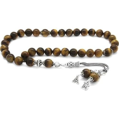 Tesbihane 925 Sterling Silver Double Letter Tassels Sphere Cut Tiger 'S Eye Natural Stone Rosary