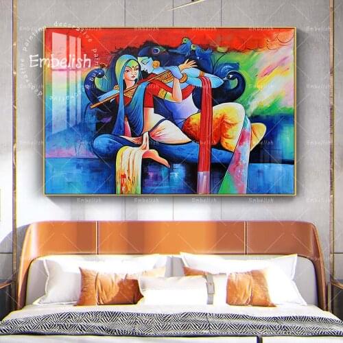 Embelish Lord God Radha Krishna With Flute Hindu Wall Pictures For Living Room Modern Home Decor Posters HD Canvas Paintings