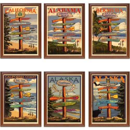 Vintage Travel Poster Destination Signpost Bermuda Alaska Kraft Posters Classic Canvas Paintings Wall Stickers Home Decor Gift