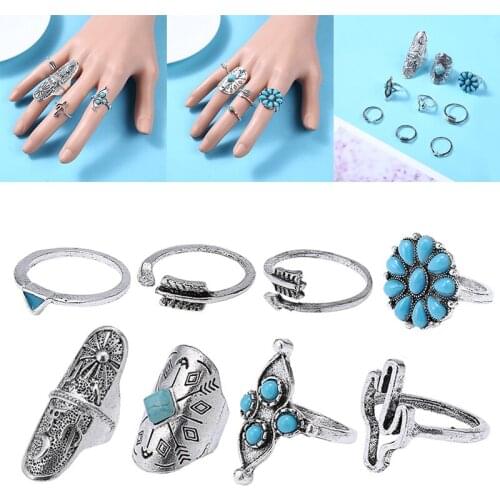 Female Vintage Totem Carved Pattern Rings Set Metal Alloy Ring Punk Open Adjustable Ring Women Fashion Jewelry Gifts 6pcs/set