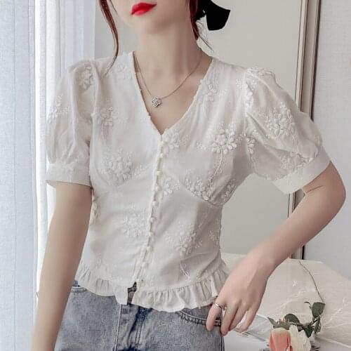 2021 Summer Korean Chiffon Blouse Women New Solid Tops Retro High Waist V Collar Thin Bubble Sleeve Lace Shirt for Girl 14068
