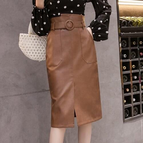 2021 New Autumn Winter Womens Faux PU Leather Sheath Midi Skirts with Belted High Waist Knee-Length Wrap Skirts Pocket Female