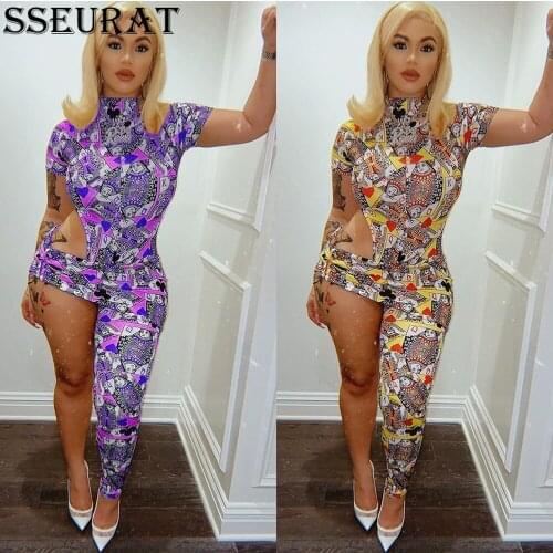 SSEURAT Women Jumpsuit Print Irregular Hollow Out Short Sleeve Jumpsuits Sheath Elastic One Piece Outfits Casual Clothing Summer
