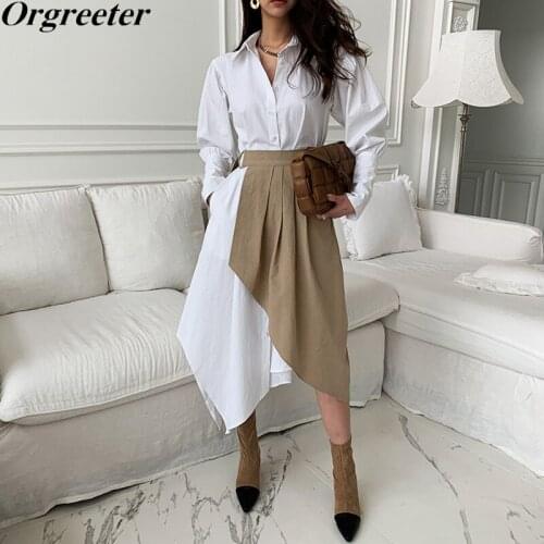 Korean Chic All-match Lapel Single-breasted Irregular Shirt Dress + High-waist Pleated Wrap Skirts Two Piece Sets Women