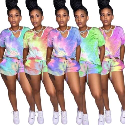 Womens Set Sport Tie Dye Print Two Piece Set V-neck Tee Tops Shorts Suit Tracksuit Sportwear Outfit Matching Set Plus Size S-2X
